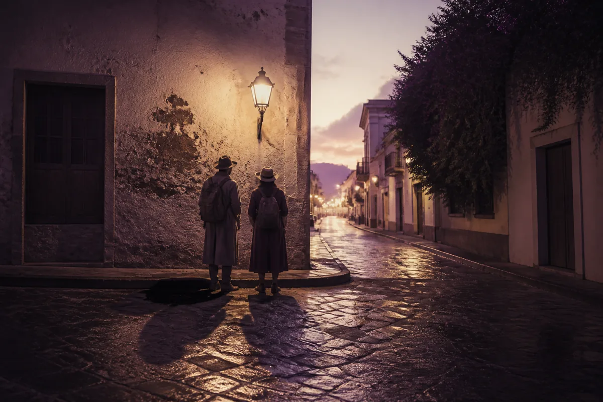 Dim residential street with a single lamp at the corner, two travelers pausing at a marked turnaround point where a side street meets a brighter avenue, long shadows on wet paving, 1200x800