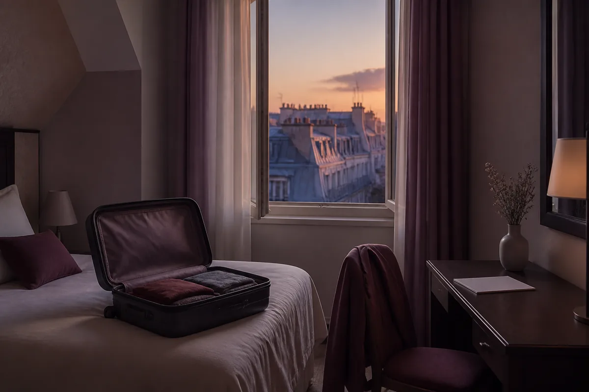 Small lodging room with an open suitcase on the bed, jacket on a chair, and a paper note on the desk listing wash, dinner, and a short walk, window showing last daylight on rooftops, 1200x800