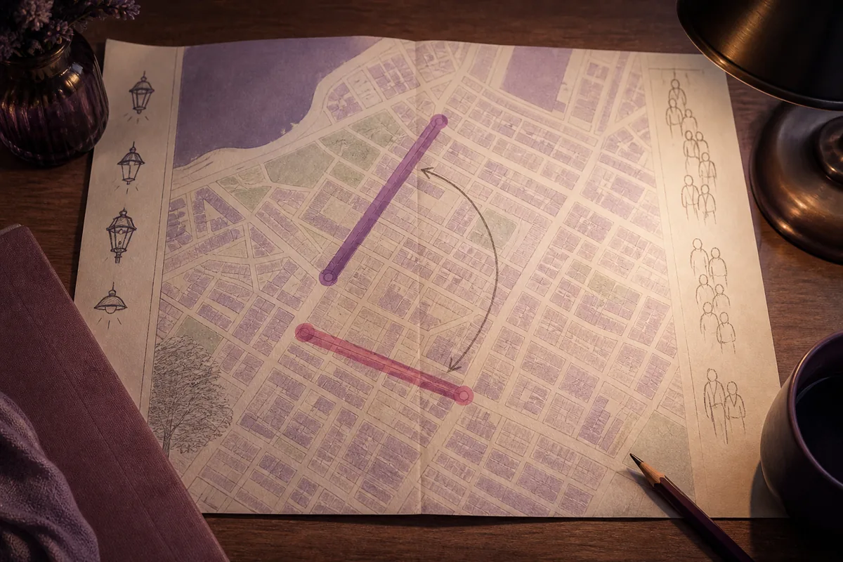 Paper street map on a desk with translucent markers on two dinner streets and a penciled arrow showing a return loop, margin notes about lamp timing and queue length, 1200x800
