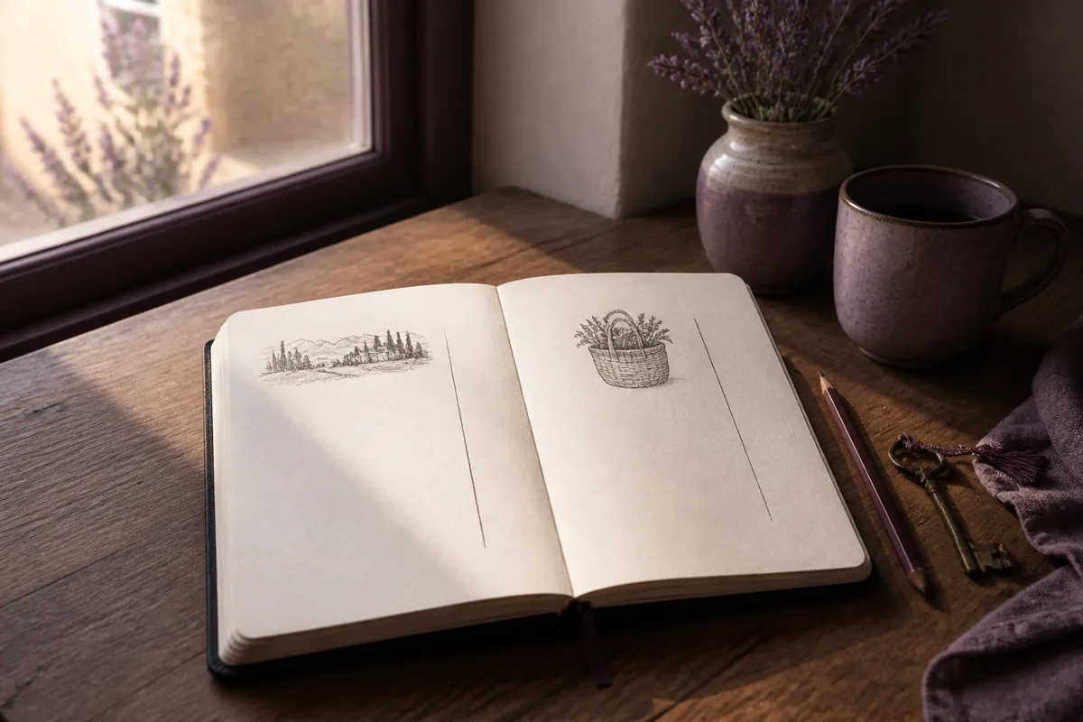 Notebook open on a desk with two columns labeled evening and morning, the morning column holding a distant viewpoint and market stop, pencil and room key beside the page, morning light starting at the window, 1200x800