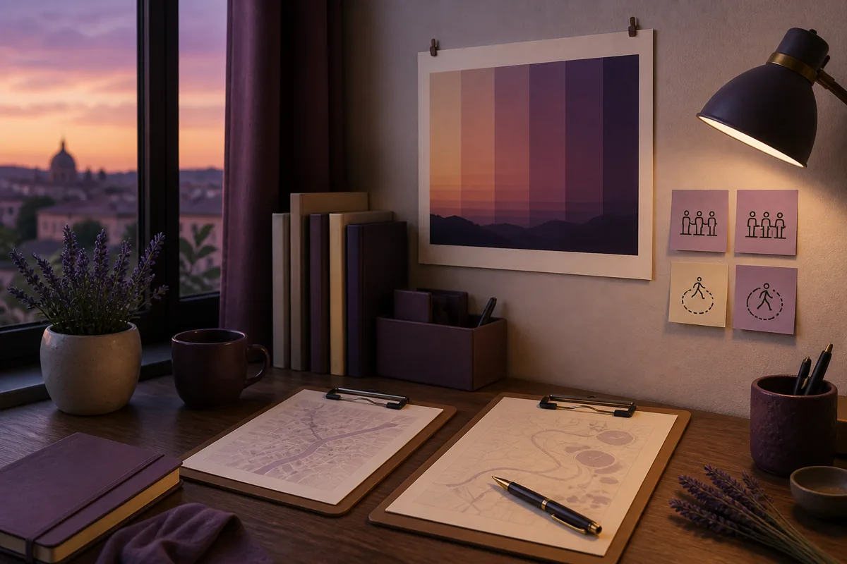 Small shared workspace with two clipboards, a wall chart of dusk times, and sticky notes labeled with queue patterns and return loops, warm desk lamp light, 1200x800