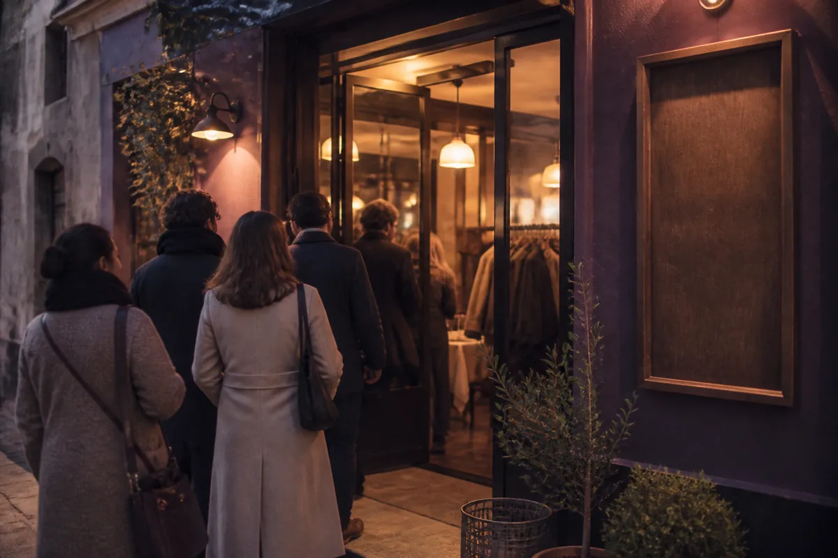Restaurant entry at evening with a short queue on the sidewalk, warm light spilling through glass doors, menu board beside the frame, coats on hangers visible inside, 1200x800